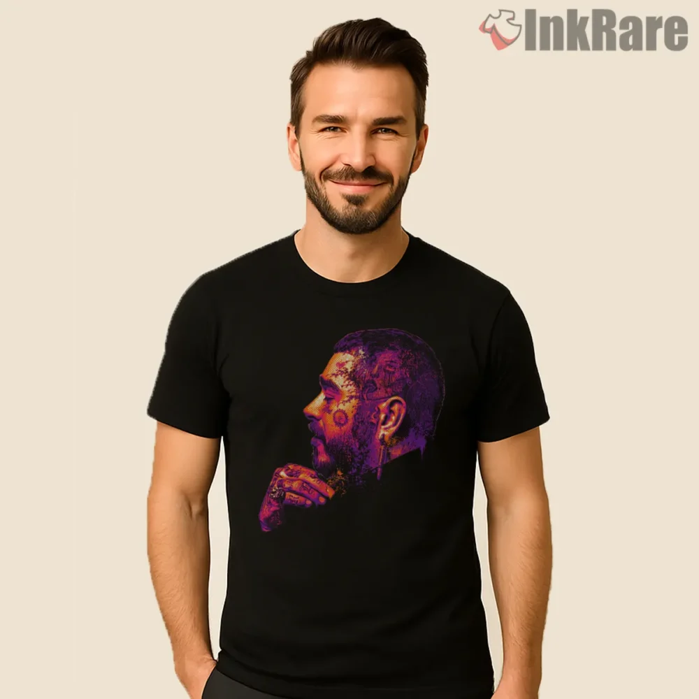 Post Malone Neon Tattoo Side Profile Shirt on black short sleeve shirt for men graphic tee