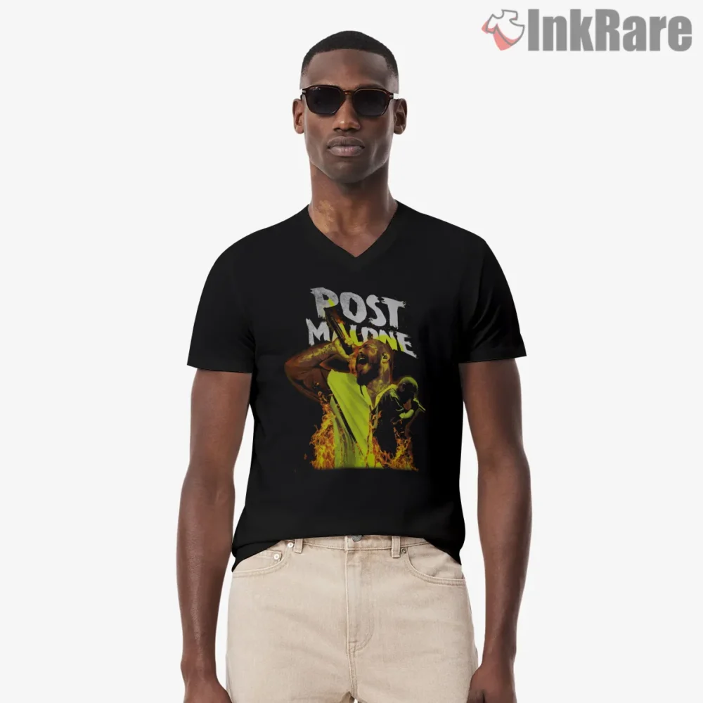 Post Malone Neon Yellow Stage Energy Shirt on black v-neck shirt for men graphic tee