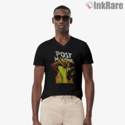Post Malone Neon Yellow Stage Energy Shirt on black v-neck shirt for men graphic tee