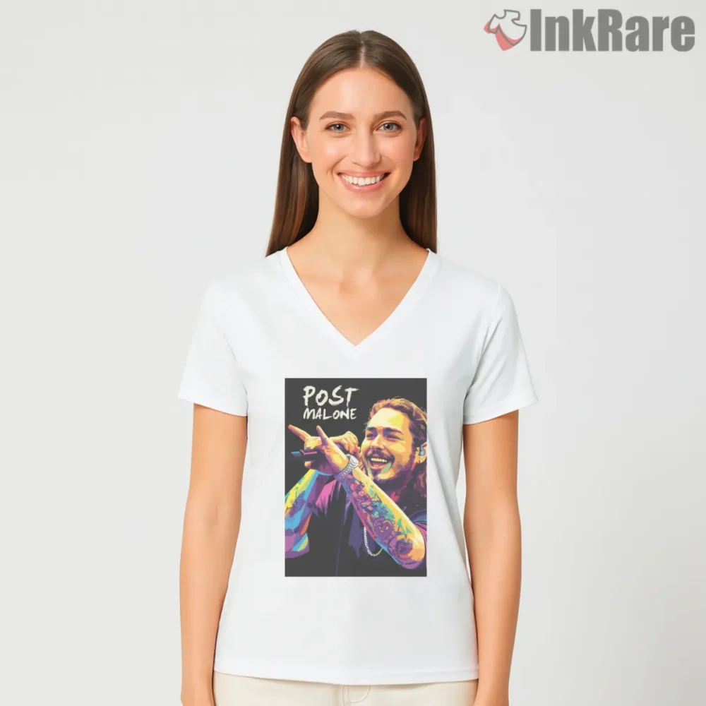 Post Malone On Stage Spotlight Shirt on white v-neck shirt for women graphic tee