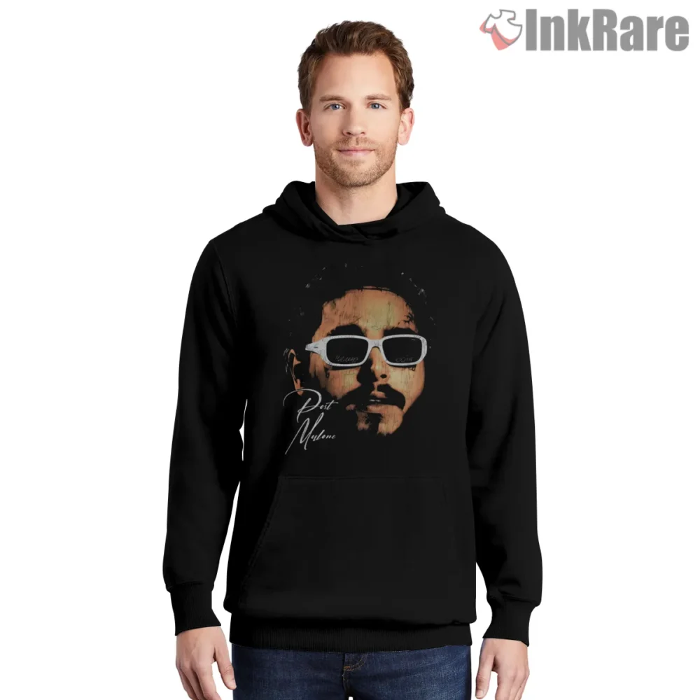 Post Malone Oversized Sunglasses Portrait Shirt on black hoodie for men graphic tee