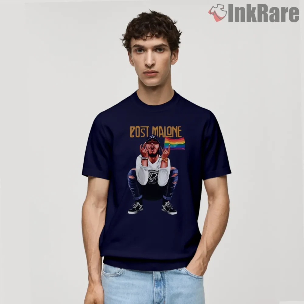 Post Malone Pride Flag Shirt navy short sleeve shows LGBTQ support in a soft unisex fit