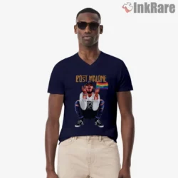 Navy v neck with an easy drape and inclusive message