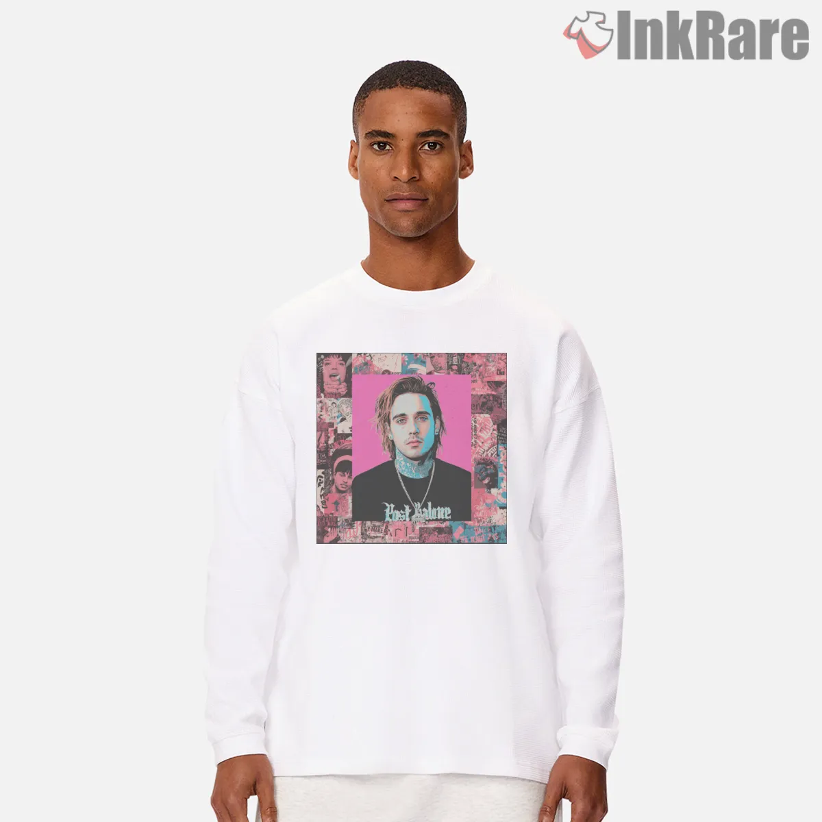 Post Malone Punk Rock Zine Collage Shirt on white long sleeve shirt for men graphic tee