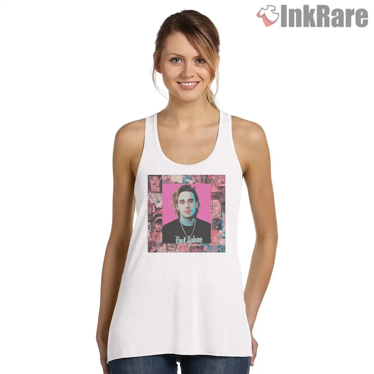 Post Malone Punk Rock Zine Collage Tank Top White Post Malone Punk Rock Zine Collage Shirt on white tank top for women graphic tee