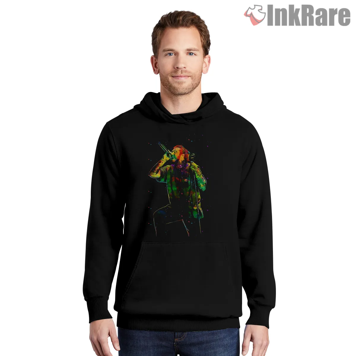 Post Malone Rainbow Lights Concert Microphone Shirt on black hoodie for men graphic tee
