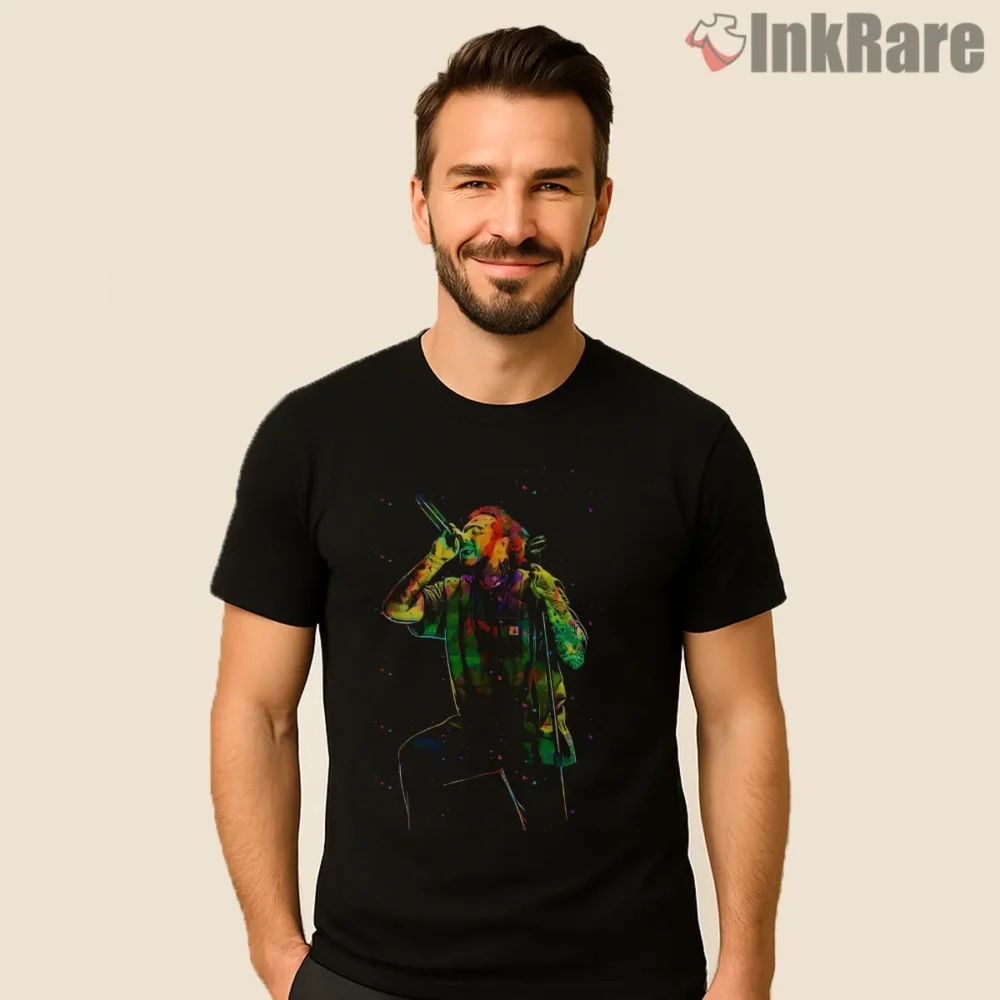 Post Malone Rainbow Lights Concert Microphone Shirt on black short sleeve shirt for men graphic tee