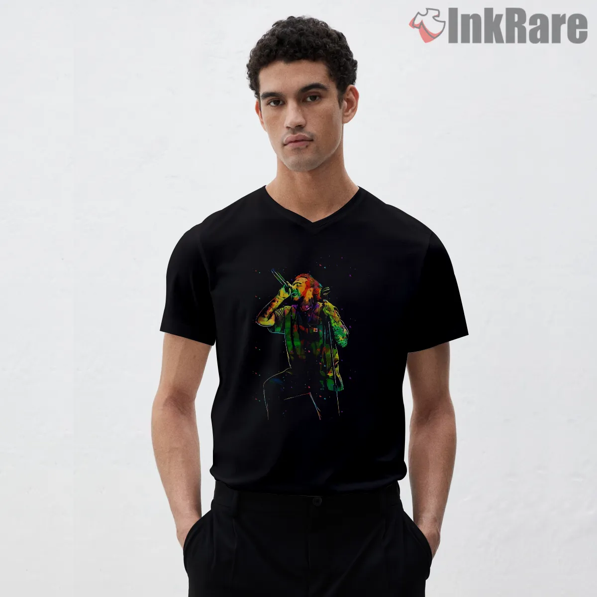 Post Malone Rainbow Lights Concert Microphone V Neck Black Post Malone Rainbow Lights Concert Microphone Shirt on black v-neck shirt for men graphic tee