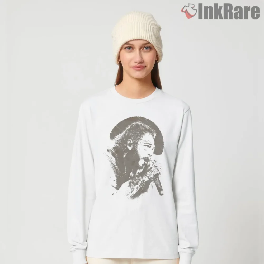 Post Malone Retro Ink Brush Live Mic Shirt on white long sleeve shirt for women graphic tee
