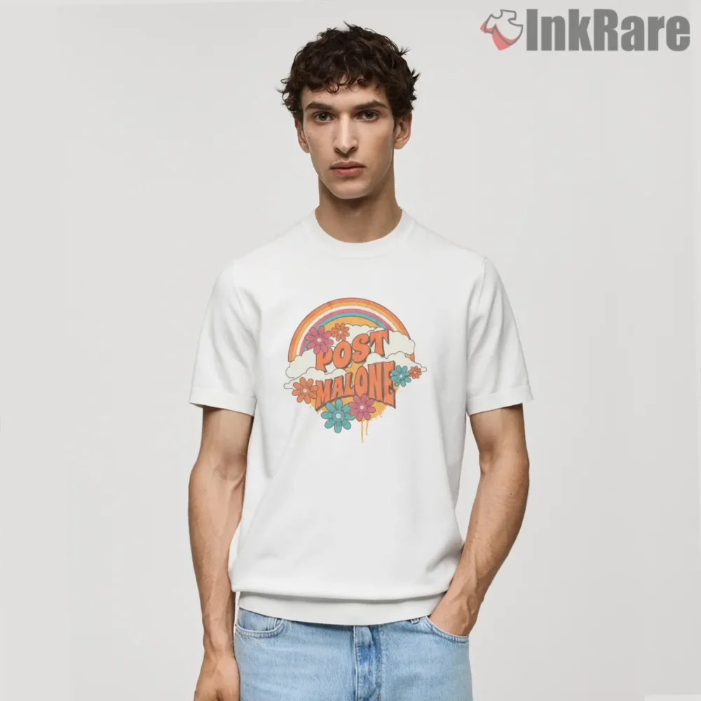 Post Malone Retro Rainbow Logo Shirt on white short sleeve shirt for men graphic tee