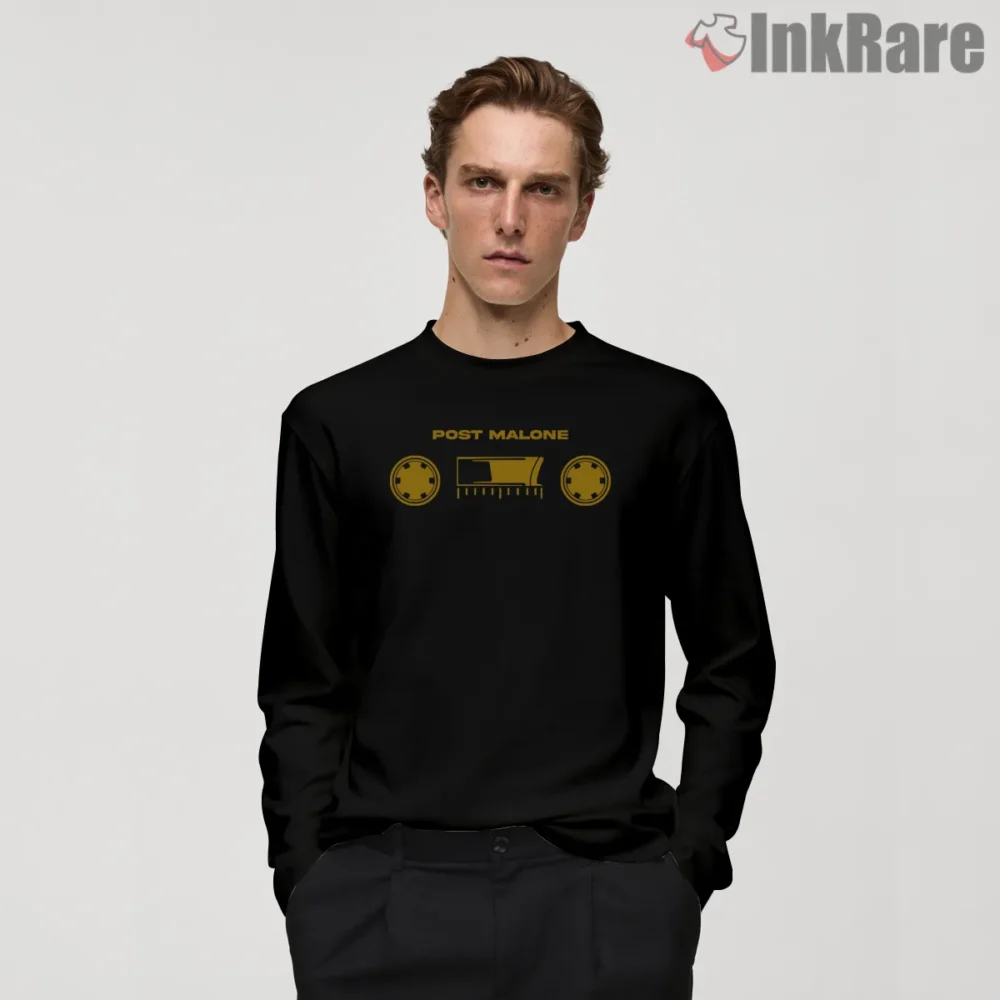 Post Malone Retro Sixties Cassette Logo Graphic Shirt on black long sleeve shirt for men graphic tee