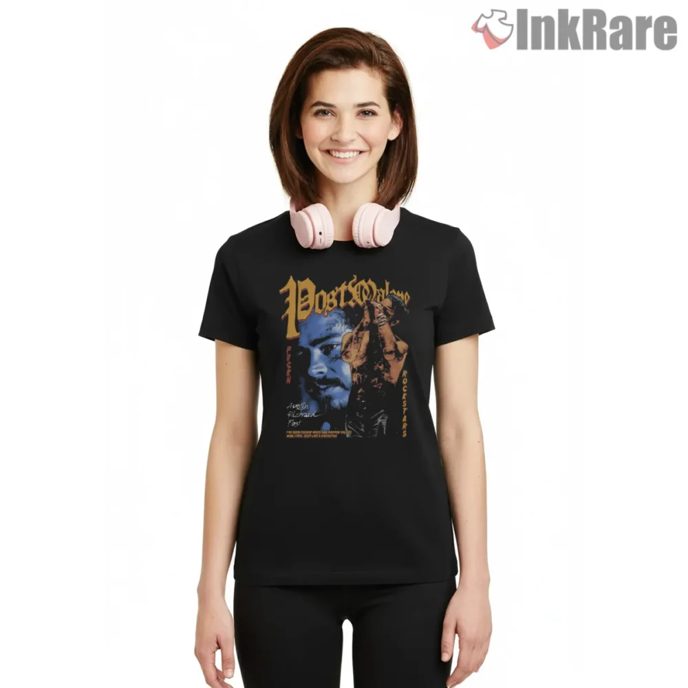 Post Malone Rockstars Stage Energy Shirt on black short sleeve shirt for women graphic tee