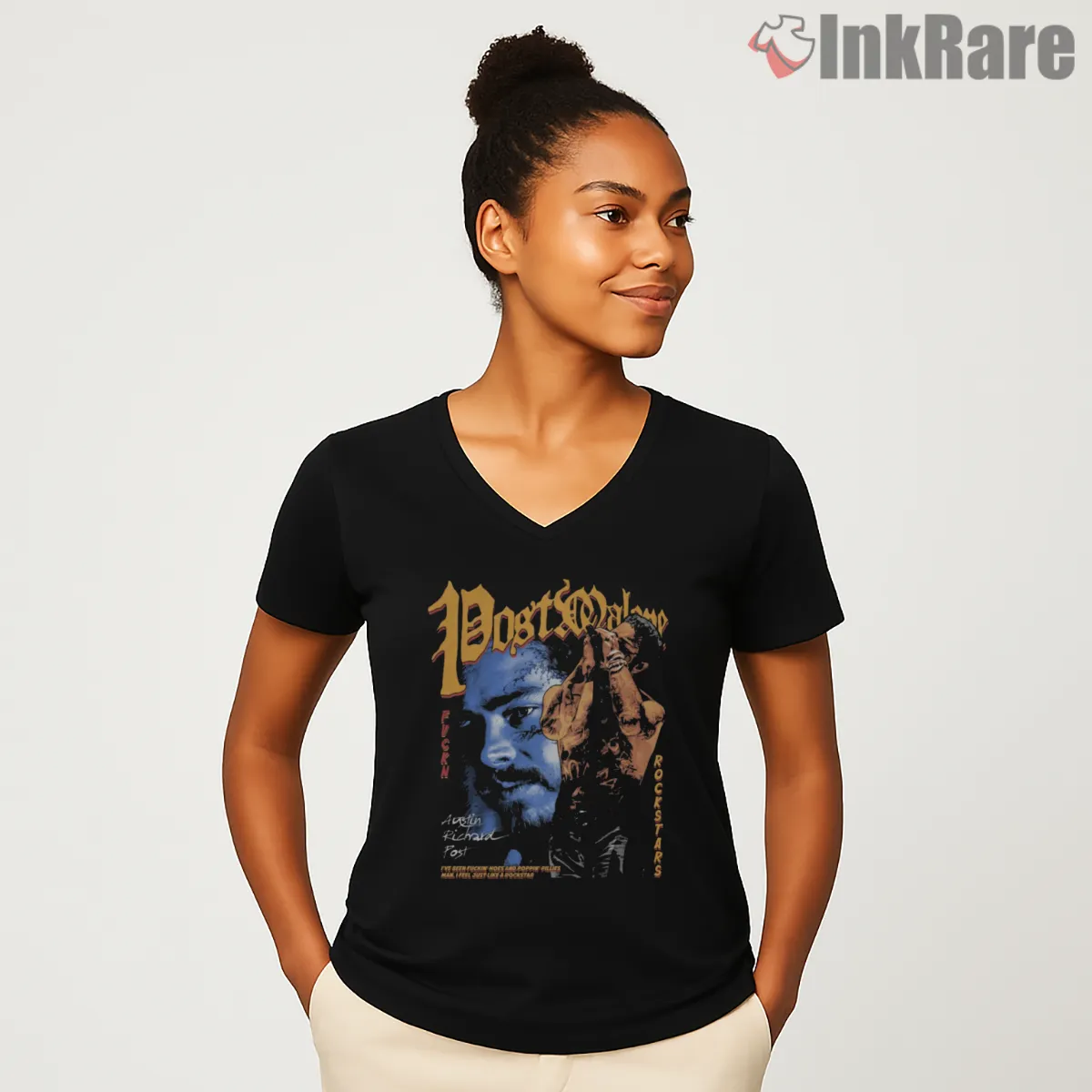 Post Malone Rockstars Stage Energy V Neck Black Post Malone Rockstars Stage Energy Shirt on black v-neck shirt for women graphic tee