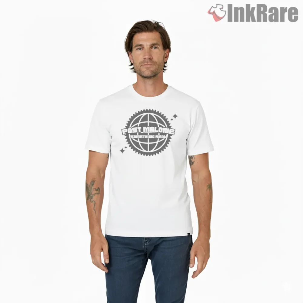 Post Malone Something Real Globe Logo Shirt on white short sleeve shirt for men graphic tee