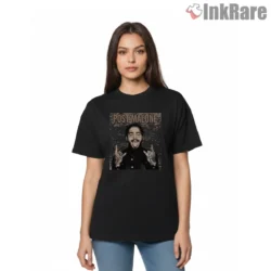 Post Malone Speckled Smiling Portrait Shirt on black short sleeve shirt for women graphic tee