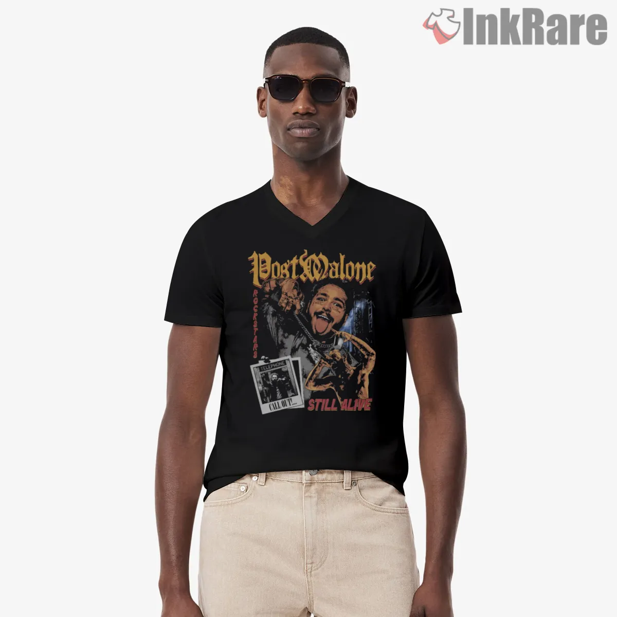 Post Malone Still Alive Tour Collage V Neck Black Post Malone Still Alive Tour Collage Shirt on black v-neck shirt for men graphic tee
