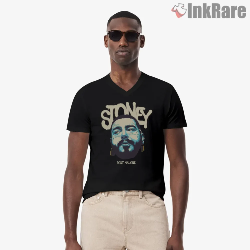 Post Malone Stoney Album Blue Portrait Shirt on black v-neck shirt for men graphic tee