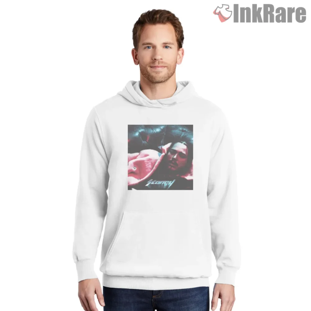 White hoodie with soft feel and album cover graphic
