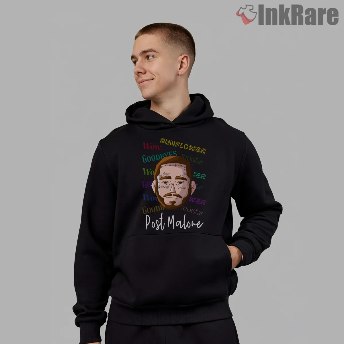 Post Malone Sunflower Goodbyes Cartoon Portrait Shirt on black hoodie for men graphic tee