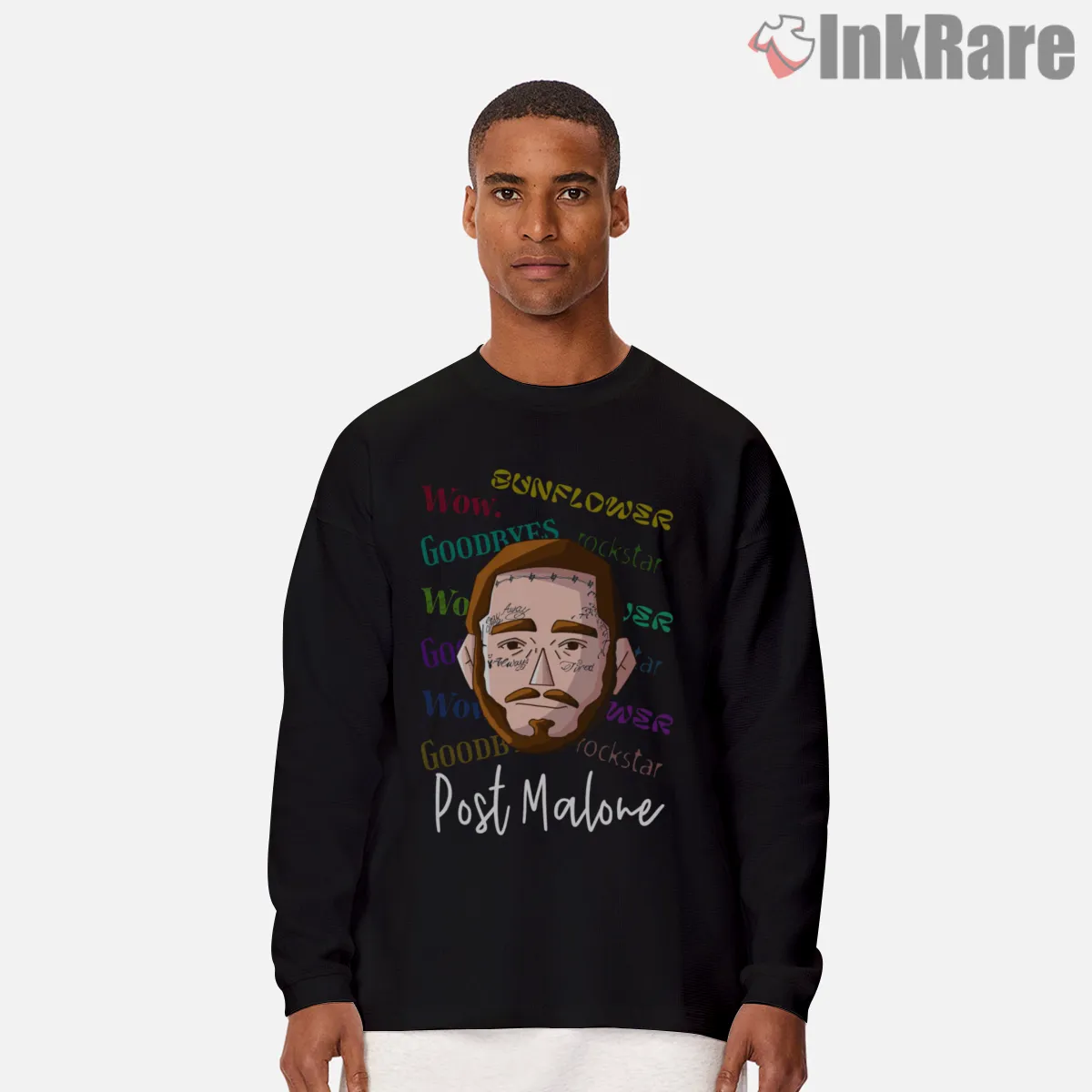 Post Malone Sunflower Goodbyes Cartoon Portrait Long Sleeve Black Post Malone Sunflower Goodbyes Cartoon Portrait Shirt on black long sleeve shirt for men graphic tee