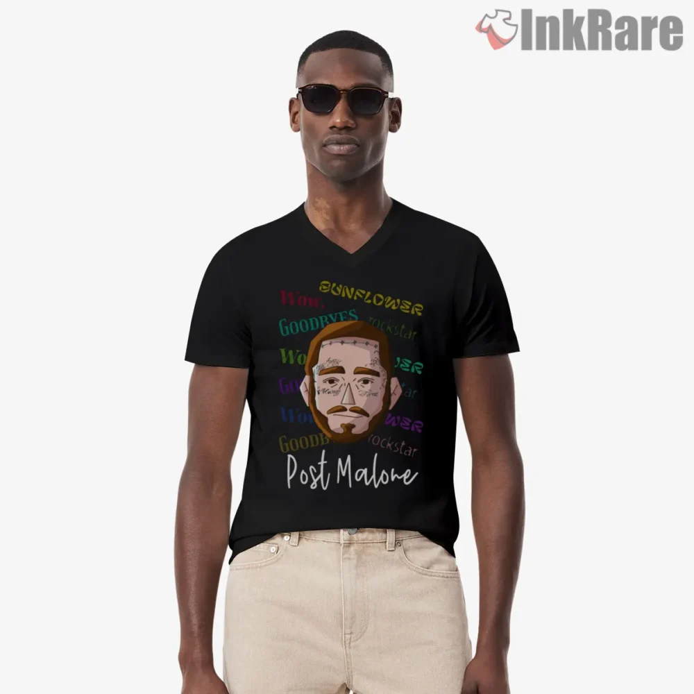 Post Malone Sunflower Goodbyes Cartoon Portrait Shirt on black v-neck shirt for men graphic tee