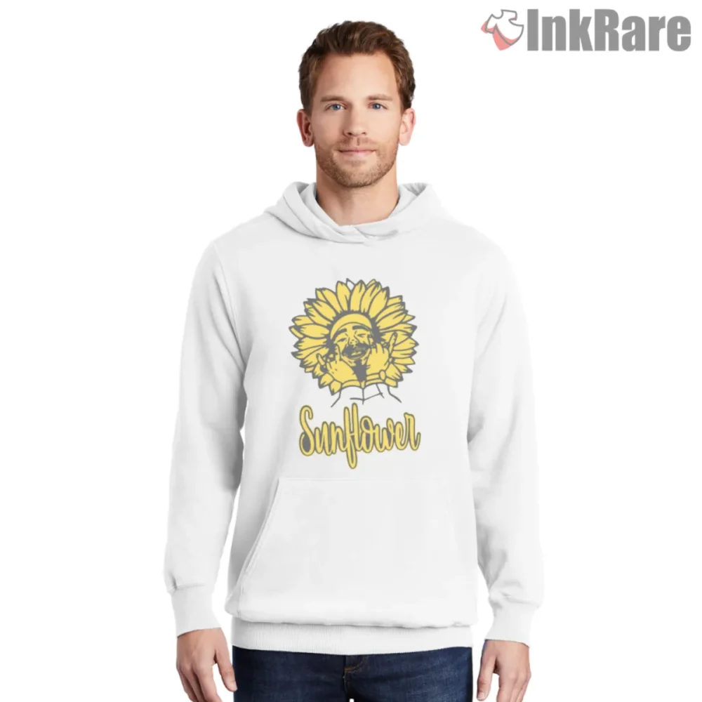 White hoodie with cozy feel and sunflower art
