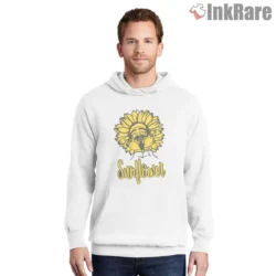 White hoodie with cozy feel and sunflower art