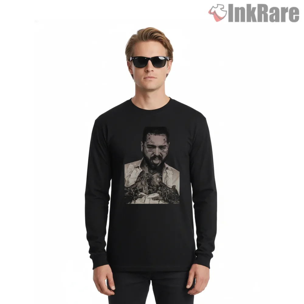 Post Malone Tattooed Studio Portrait Shirt on black long sleeve shirt for men graphic tee
