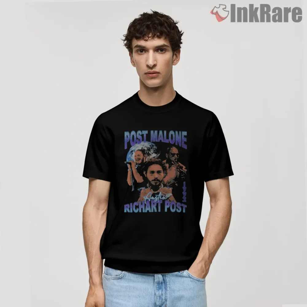 Post Malone Vintage Band Portrait Collage Shirt on black short sleeve shirt for men graphic tee