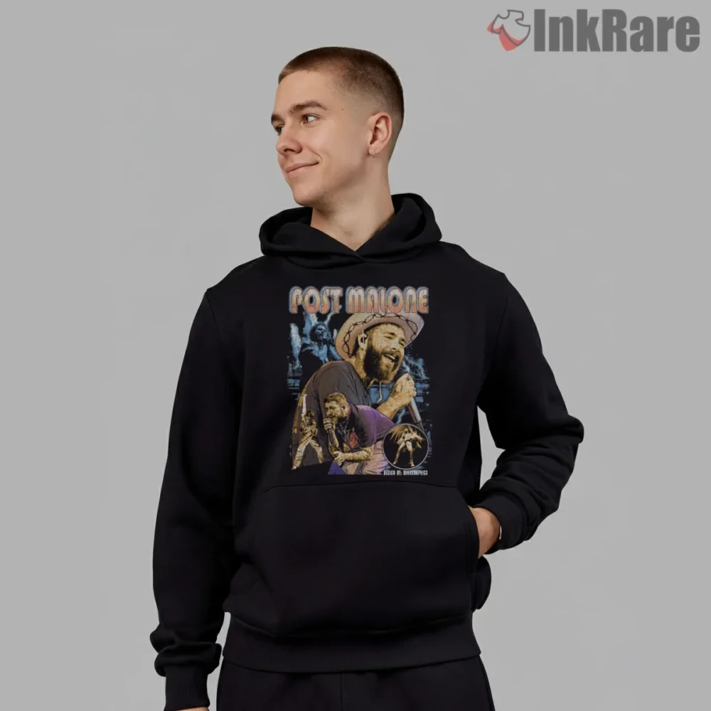 Post Malone Vintage Bootleg Full Color Tour Shirt on black hoodie for men graphic tee