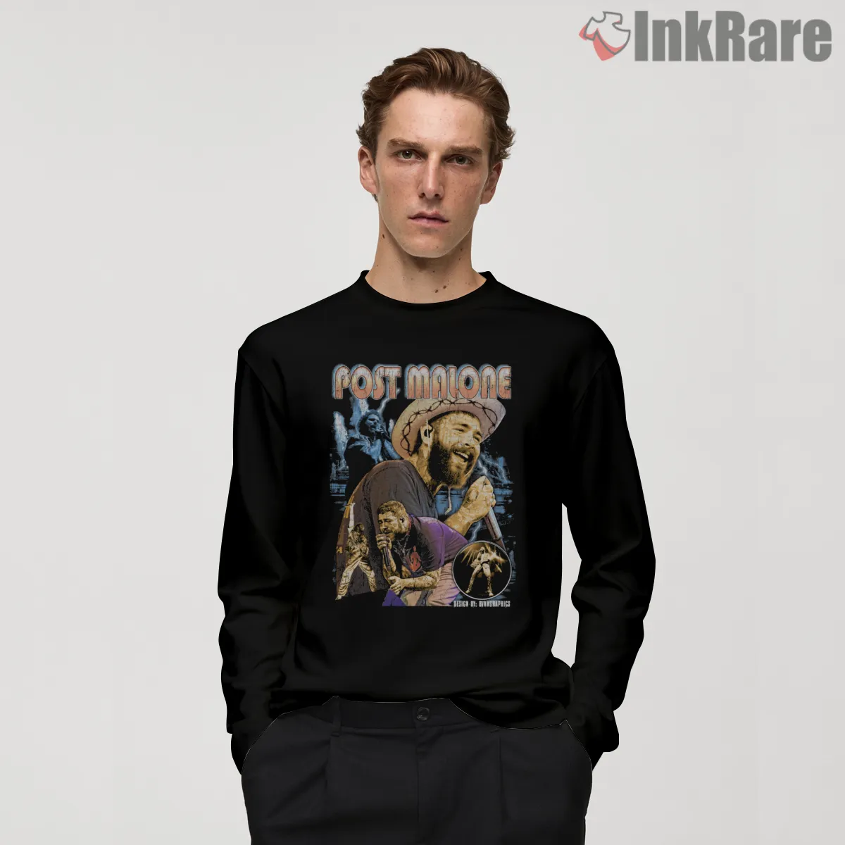 Post Malone Vintage Bootleg Full Color Tour Shirt on black long sleeve shirt for men graphic tee