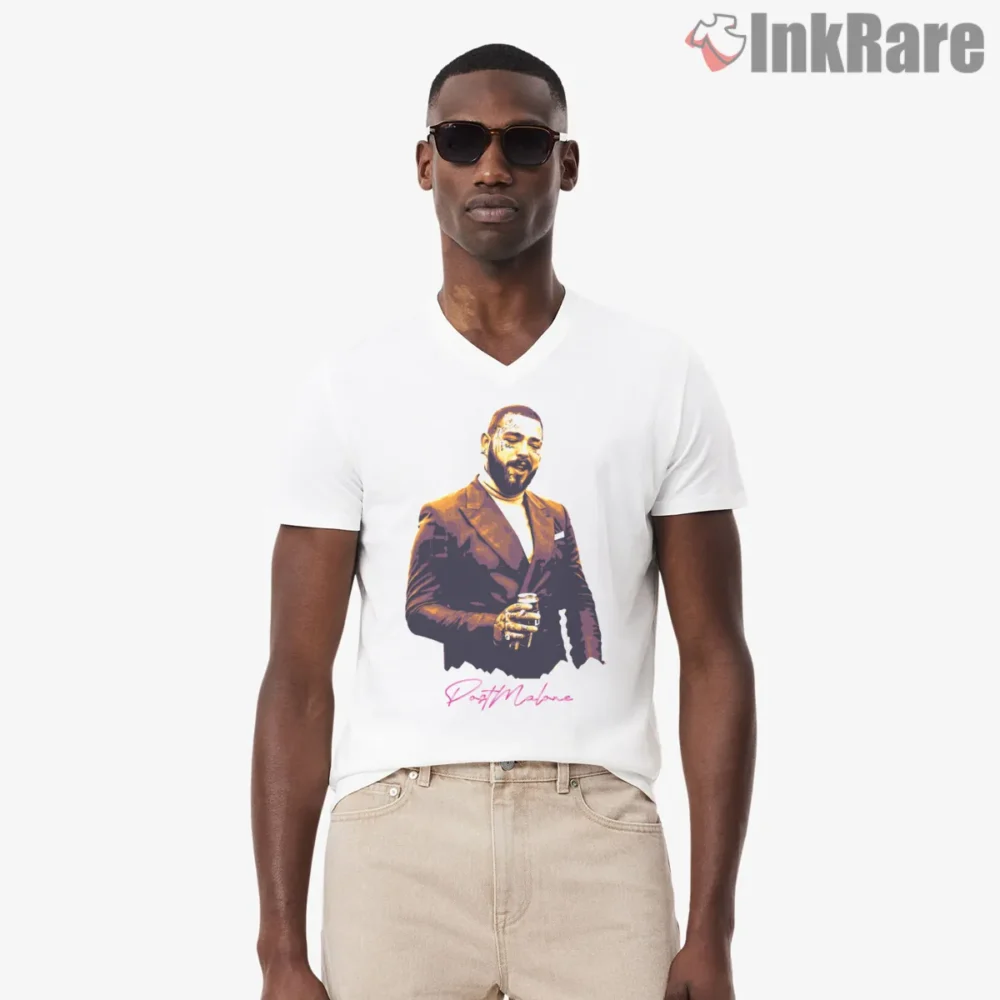 Post Malone Vintage Suit Portrait Shirt on white v-neck shirt for men graphic tee