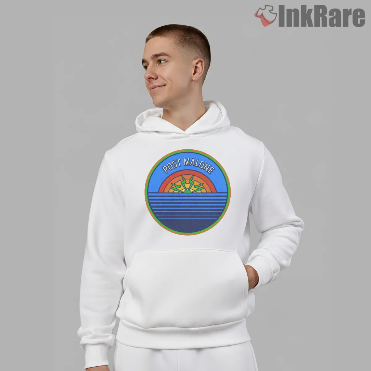 Post Malone Vintage Sunset Circle Logo Shirt on white hoodie for men graphic tee