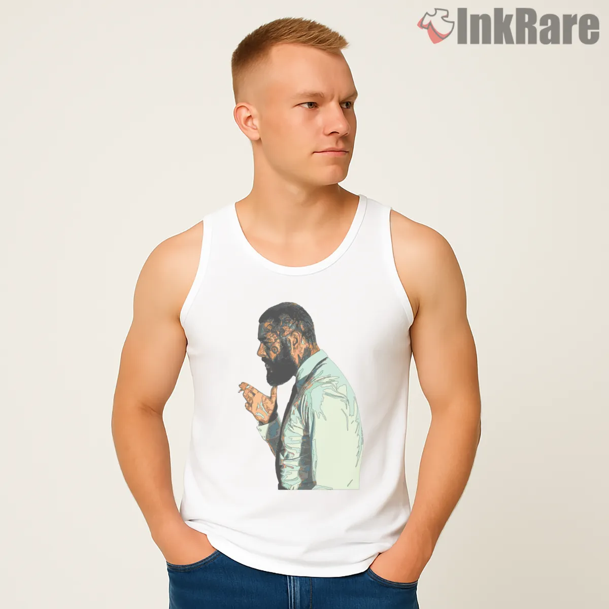 Post Malone Watercolor Mosaic Profile Art Tank Top White Post Malone Watercolor Mosaic Profile Art Shirt on white tank top for men graphic tee