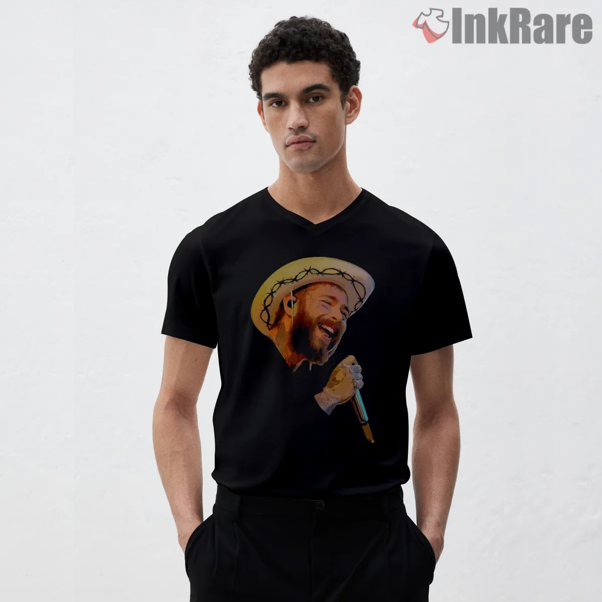 Post Malone Western 80s Tour Portrait V Neck Black Post Malone Western 80s Tour Portrait Shirt on black v-neck shirt for men graphic tee