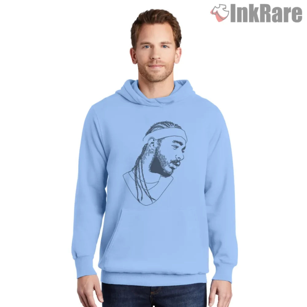 Light blue hoodie with soft feel and bold print