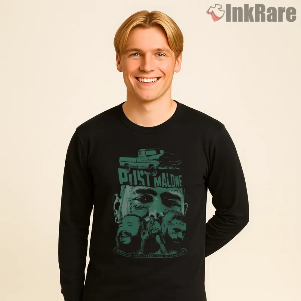Posty Alternative Retro Green Overlay Poster Shirt on black long sleeve shirt for men graphic tee