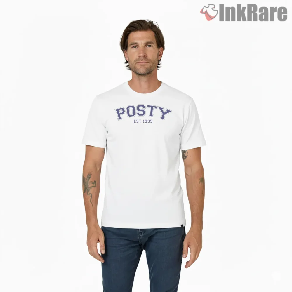 Posty Est 1995 Varsity Text Logo Shirt on white short sleeve shirt for men graphic tee