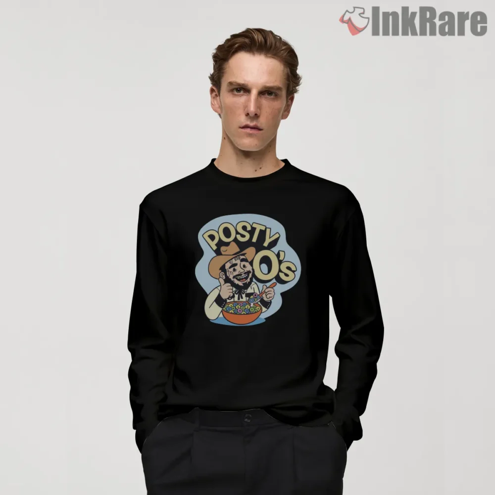 Posty Os Retro Cereal Box Post Malone Cartoon Shirt on black long sleeve shirt for men graphic tee