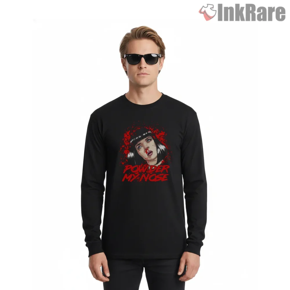 Powder My Nose Mia Neon Portrait Shirt on black long sleeve shirt for men graphic tee