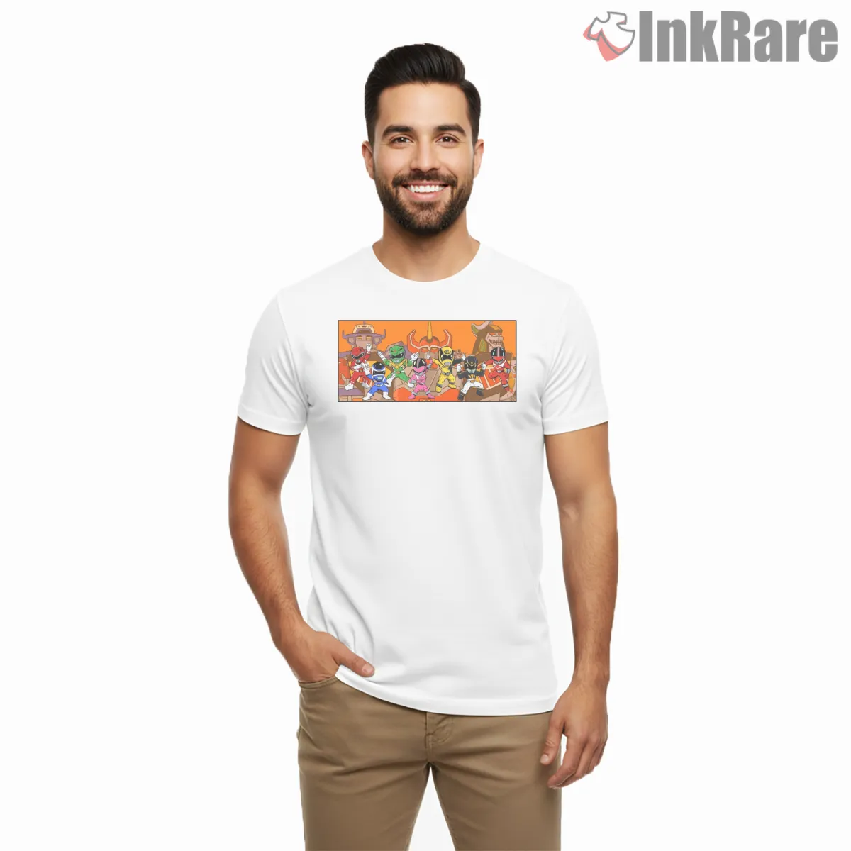 Power Rangers Cartoon Battle Team Short Sleeve White Power Rangers Cartoon Battle Team Shirt on white short sleeve shirt for men graphic tee