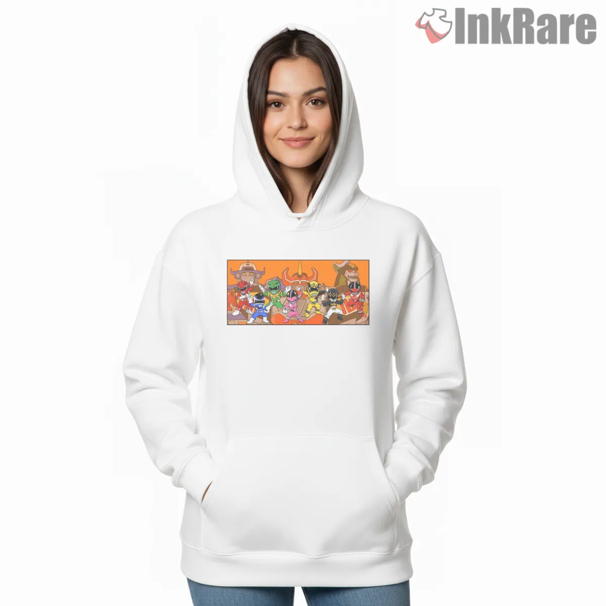 Power Rangers Cartoon Battle Team Shirt on white hoodie for women graphic tee