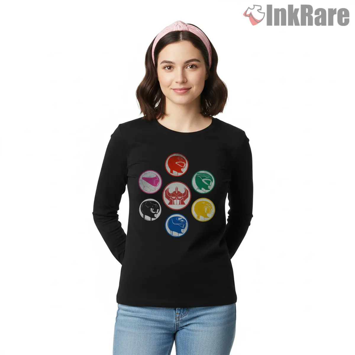 Power Rangers Classic Helmet Circle Emblem Shirt on black long sleeve shirt for women graphic tee