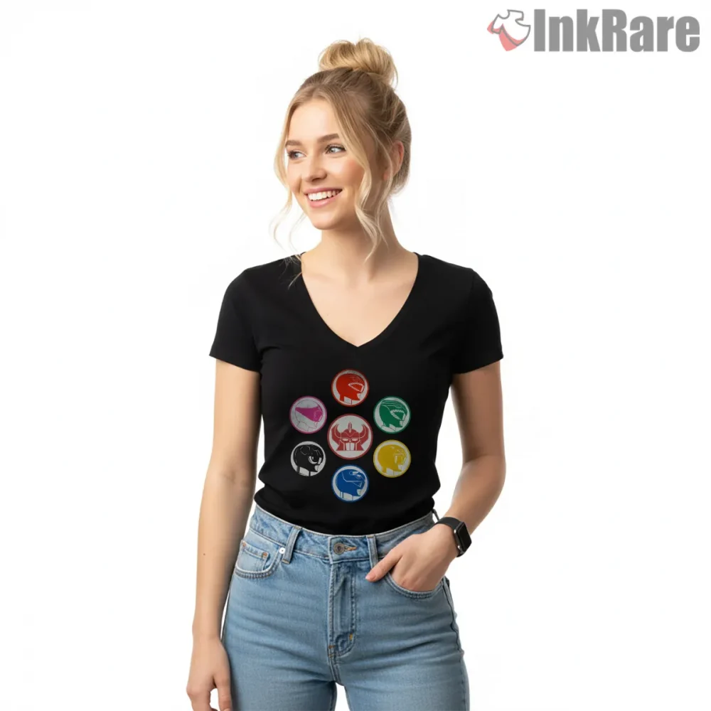 Power Rangers Classic Helmet Circle Emblem Shirt on black v-neck shirt for women graphic tee