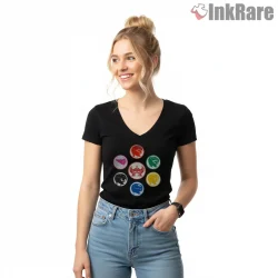 Power Rangers Classic Helmet Circle Emblem Shirt on black v-neck shirt for women graphic tee