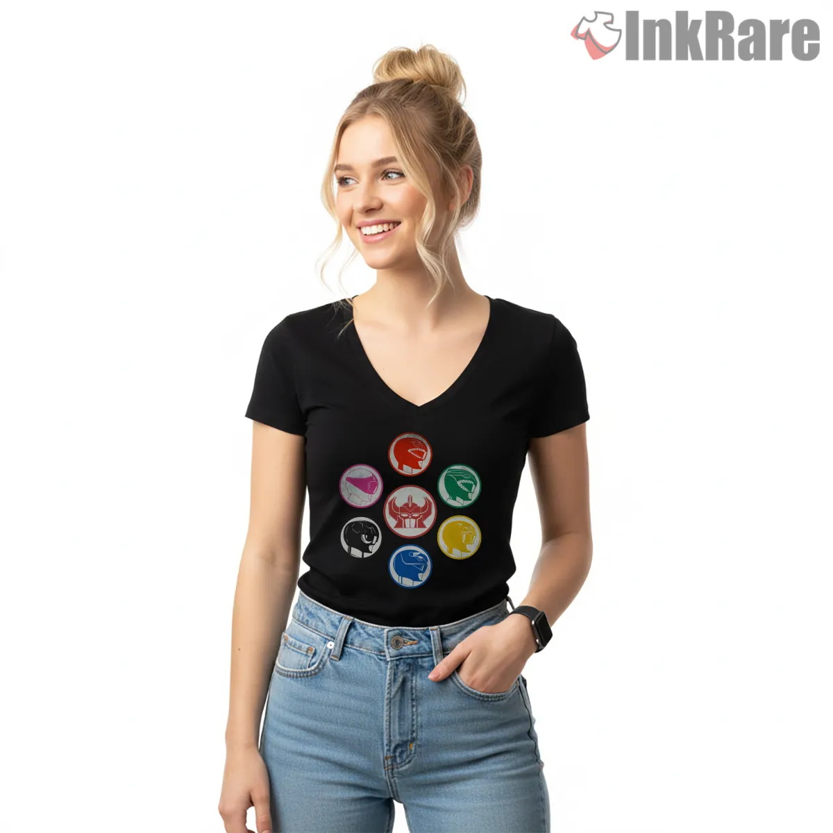 Power Rangers Classic Helmet Circle Emblem V Neck Black Power Rangers Classic Helmet Circle Emblem Shirt on black v-neck shirt for women graphic tee