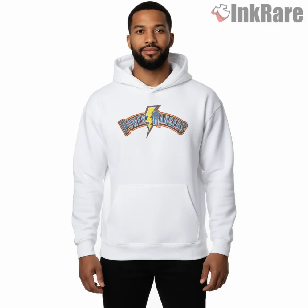 Power Rangers Classic Lightning Logo Shirt on white hoodie for men graphic tee