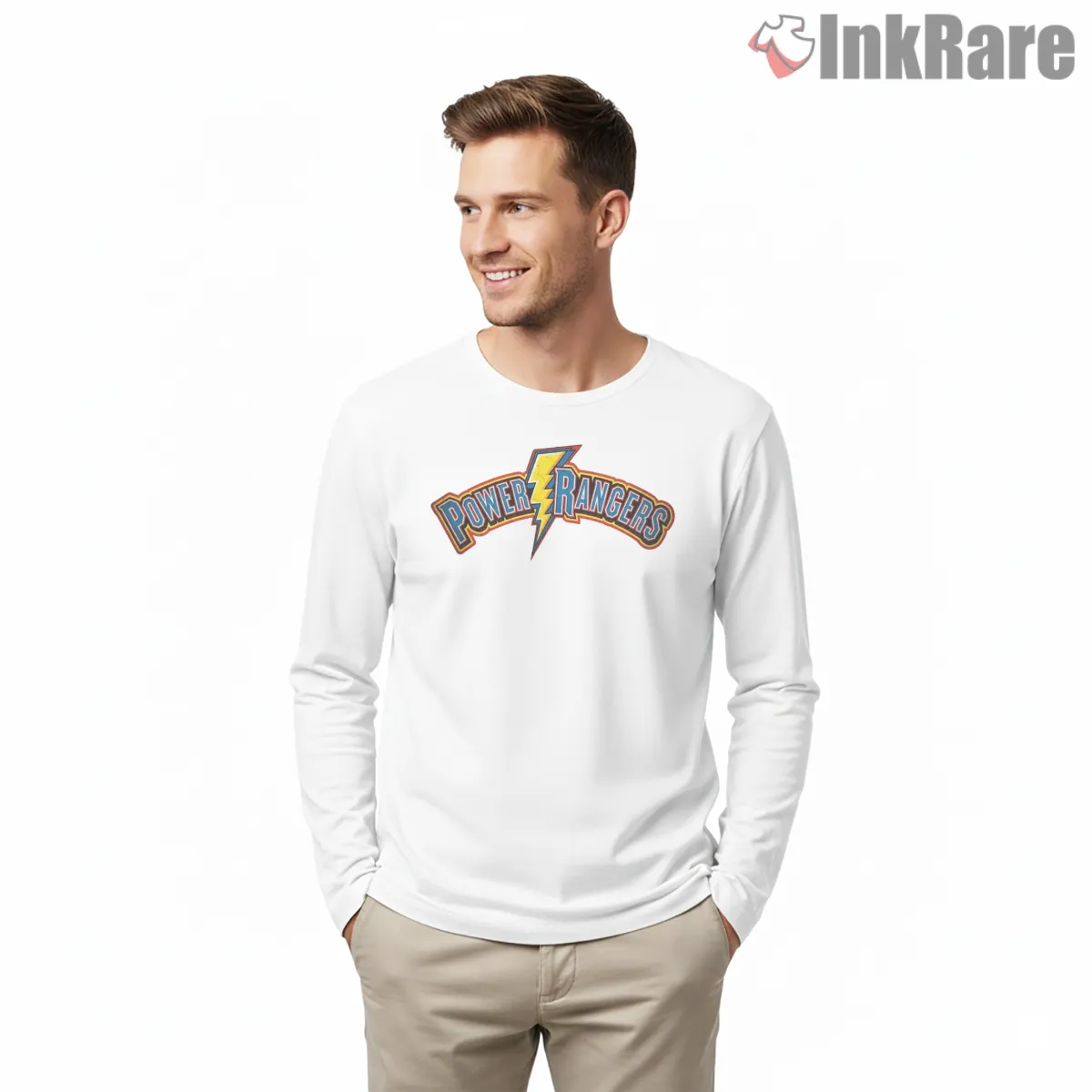 Power Rangers Classic Lightning Logo Shirt on white long sleeve shirt for men graphic tee