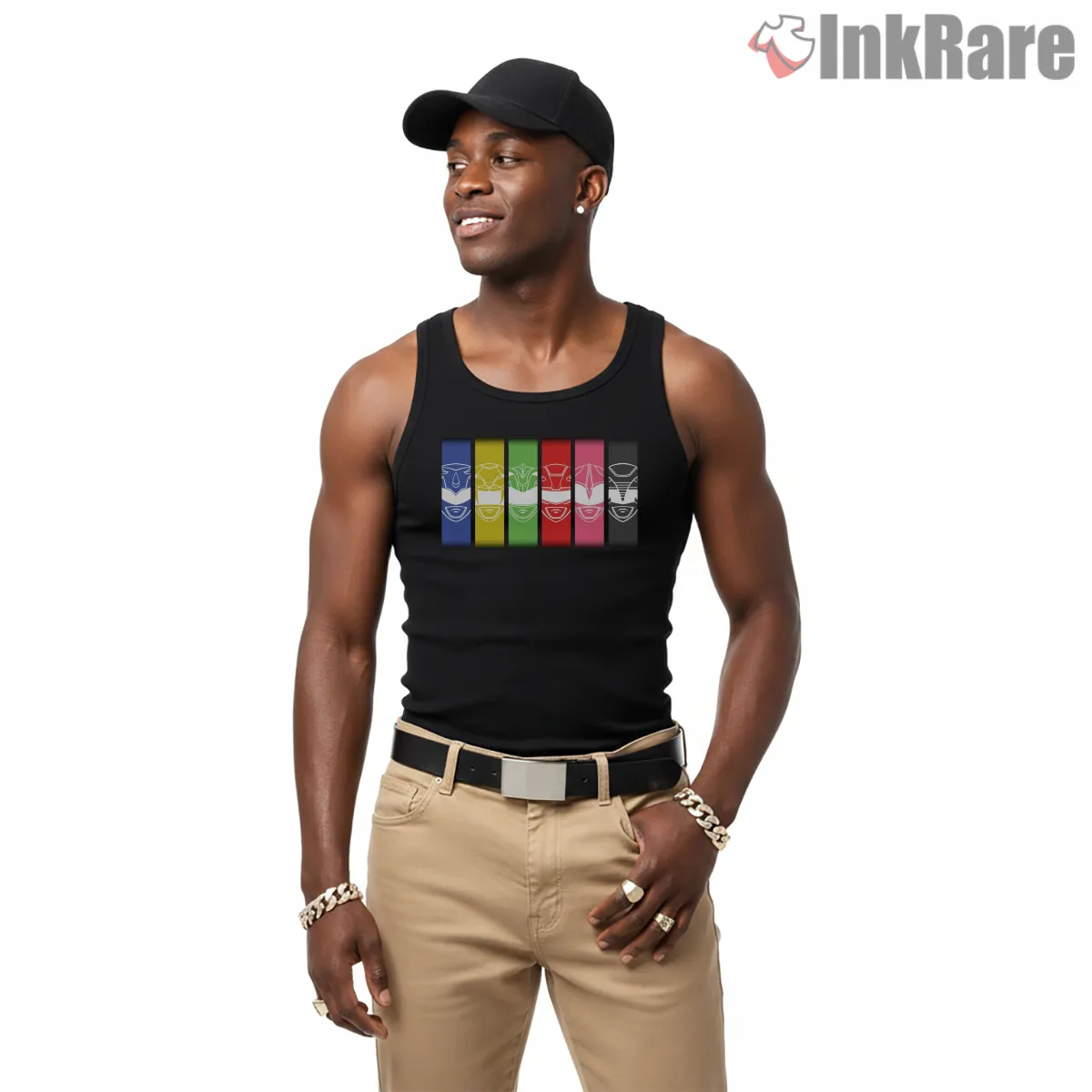 Power Rangers Color Spectrum Helmet Lineup Shirt on black tank top for men graphic tee