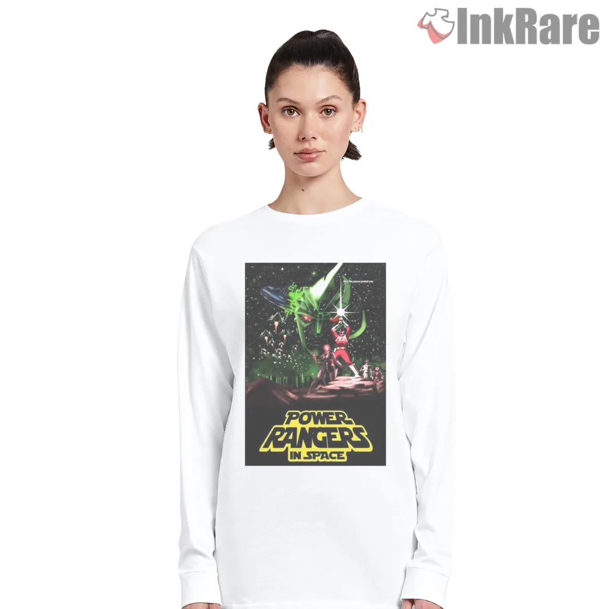 Power Rangers Cosmic Battle Space Poster Long Sleeve White Power Rangers Cosmic Battle Space Poster Shirt on white long sleeve shirt for women graphic tee